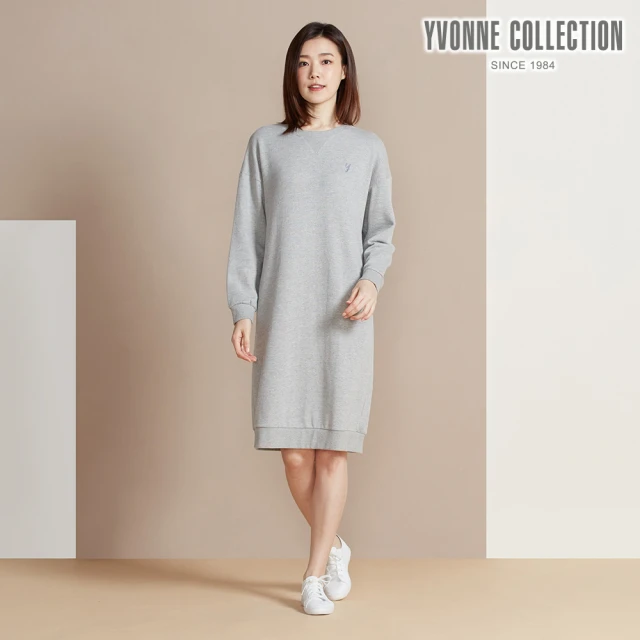 YVONNE 以旺傢飾 刷毛繡字長袖洋裝-迷霧灰