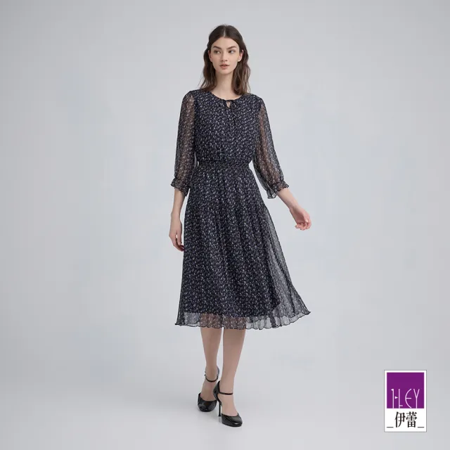 【ILEY 伊蕾】浪漫荷葉邊印花雪紡長洋裝(深藍；M-XL；1243077432)