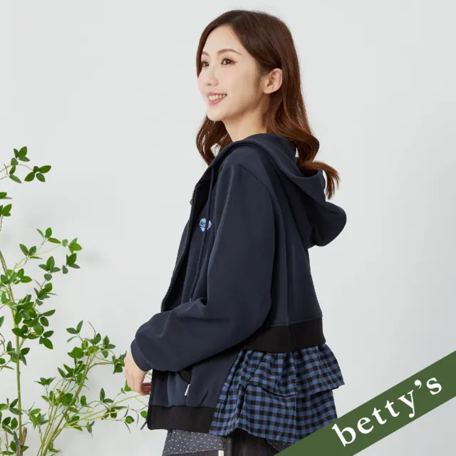 【betty’s 貝蒂思】出清品  愛心星球刺繡格紋拼接連帽外套(深藍)