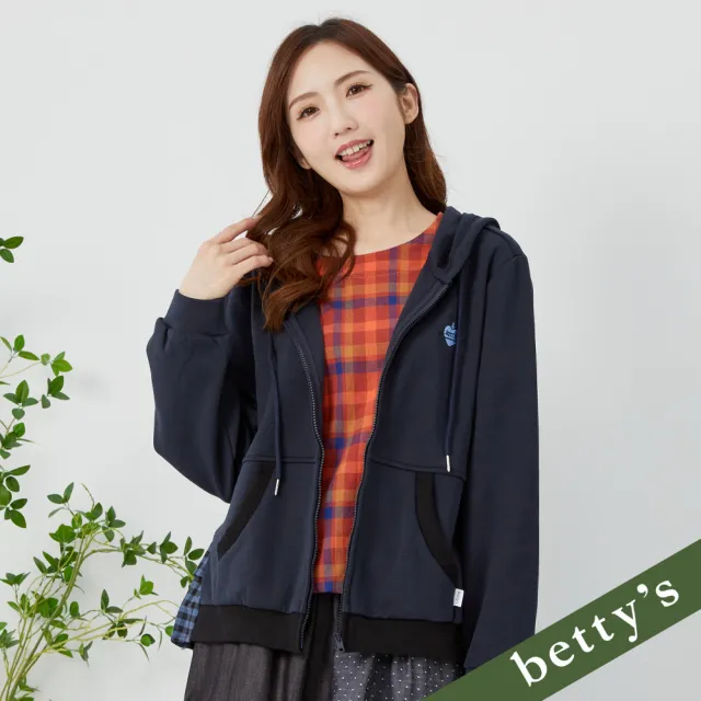 【betty’s 貝蒂思】出清品  愛心星球刺繡格紋拼接連帽外套(深藍)