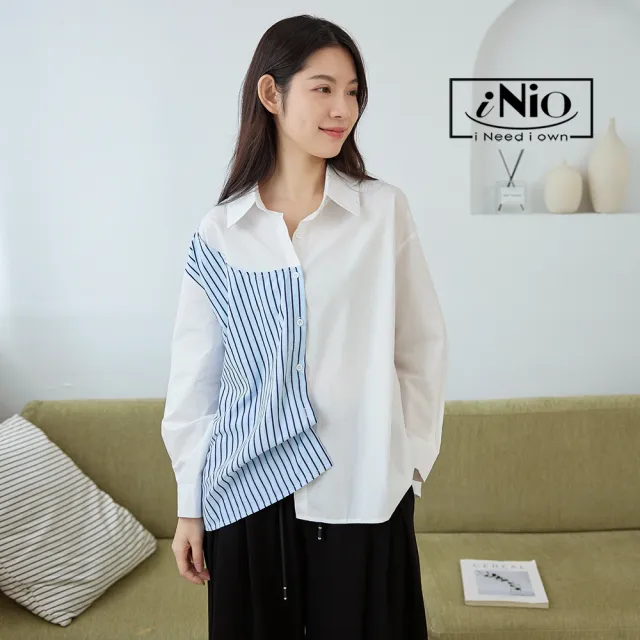 【iNio 衣著美學】長袖上衣 秋冬新品 現貨 條紋拼接 翻領 長袖襯衫(CDW1753)