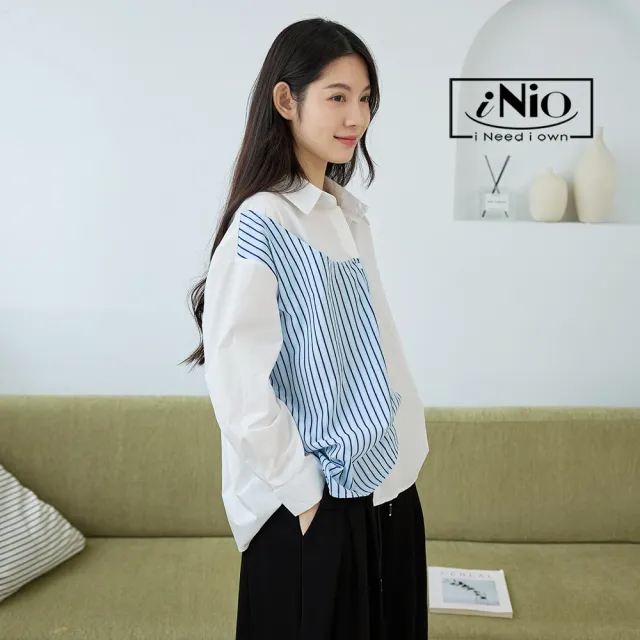 【iNio 衣著美學】長袖上衣 秋冬新品 現貨 條紋拼接 翻領 長袖襯衫(CDW1753)