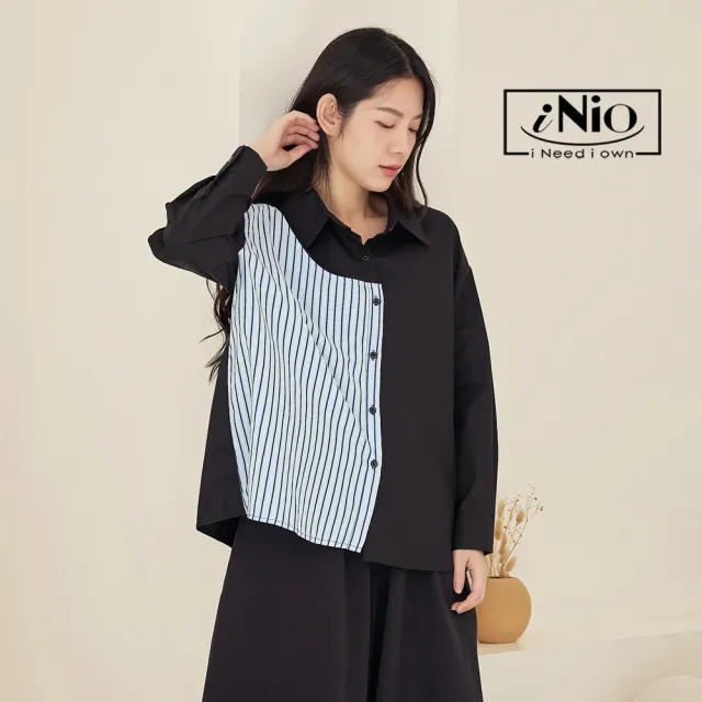 【iNio 衣著美學】長袖上衣 秋冬新品 現貨 條紋拼接 翻領 長袖襯衫(CDW1753)