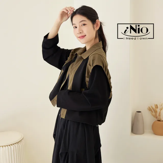 【iNio 衣著美學】背心外套 秋冬新品 現貨 小墊肩 拼接背心 無袖外套(CDW4709)