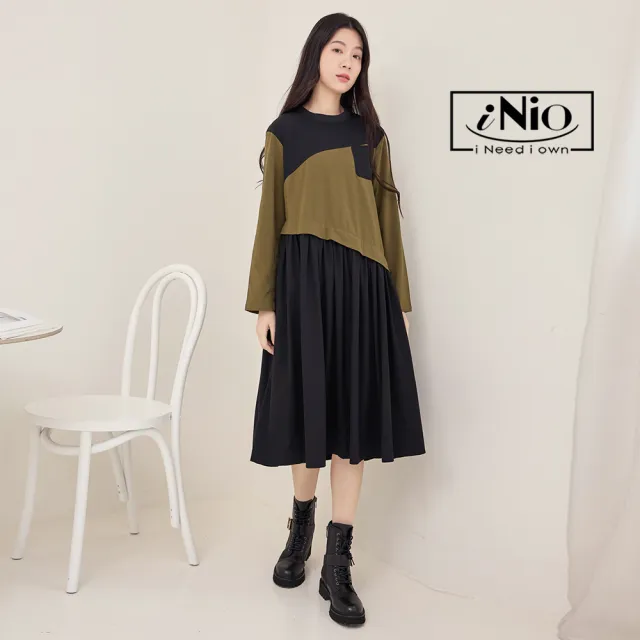 【iNio 衣著美學】洋裝 秋冬新品 現貨 假兩件 撞色拼接 長袖連身裙(CDW3703)
