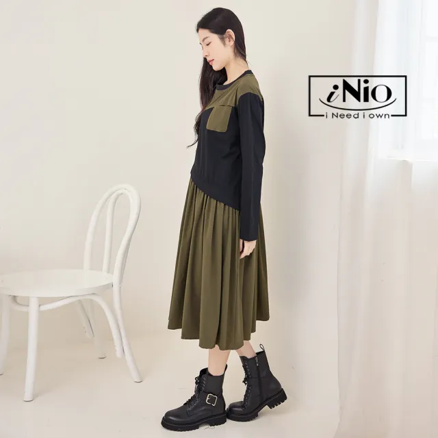 【iNio 衣著美學】洋裝 秋冬新品 現貨 假兩件 撞色拼接 長袖連身裙(CDW3703)