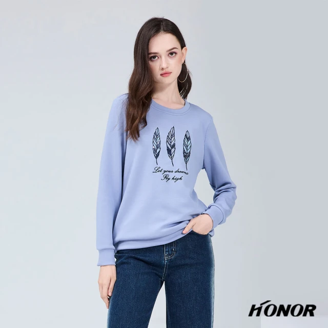 HONOR 山形屋 時尚羽毛圖案長袖上衣-藍