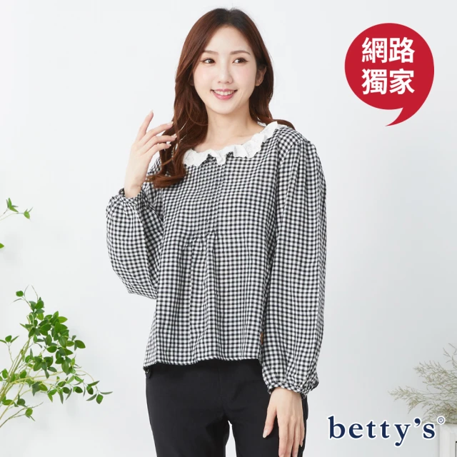 betty’s 貝蒂思 網路獨賣★格紋蕾絲領口壓褶排釦上衣(黑色)