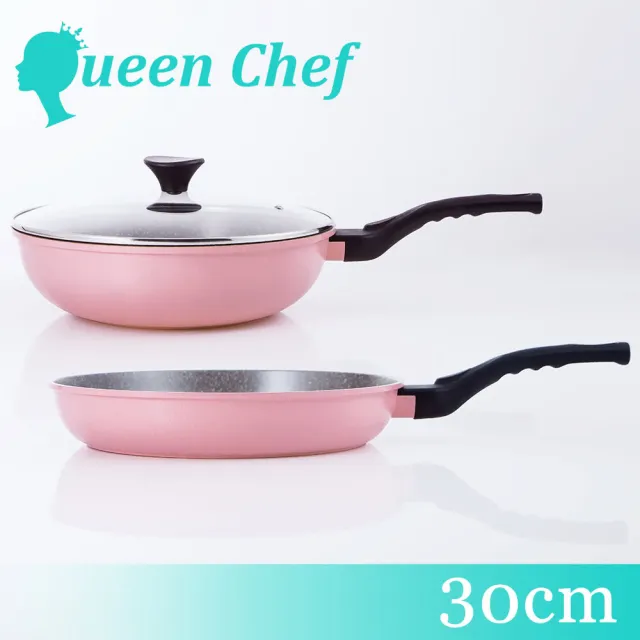 【Queen Chef】韓國礦岩鈦合金鑄造不沾鍋雙鍋 30CM(炒鍋+平底鍋+蓋)