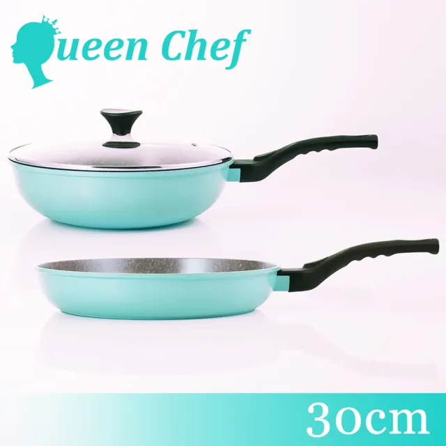 【Queen Chef】韓國礦岩鈦合金鑄造不沾鍋雙鍋 30CM(炒鍋+平底鍋+蓋 交換禮物)