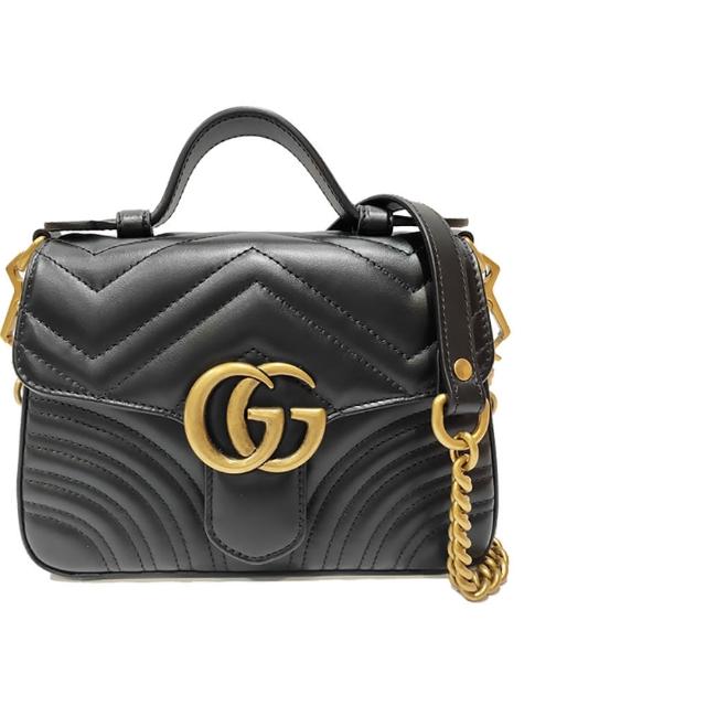 【GUCCI 古馳】547260 經典GG Marmont系列仿舊金色LOGO牛皮暗釦手提/斜背兩用包(全新展示品-黑色)