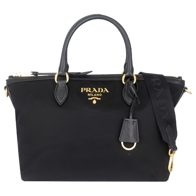 【PRADA 普拉達】品牌標尼龍皮飾邊兩用船型斜背/手提包(黑色)