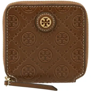 【TORY BURCH】專櫃款摩卡咖啡皮革滿版LOGO對折零錢袋拉鍊短夾