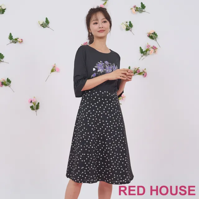 【RED HOUSE 蕾赫斯】玫瑰印花喇叭袖上衣(黑色)
