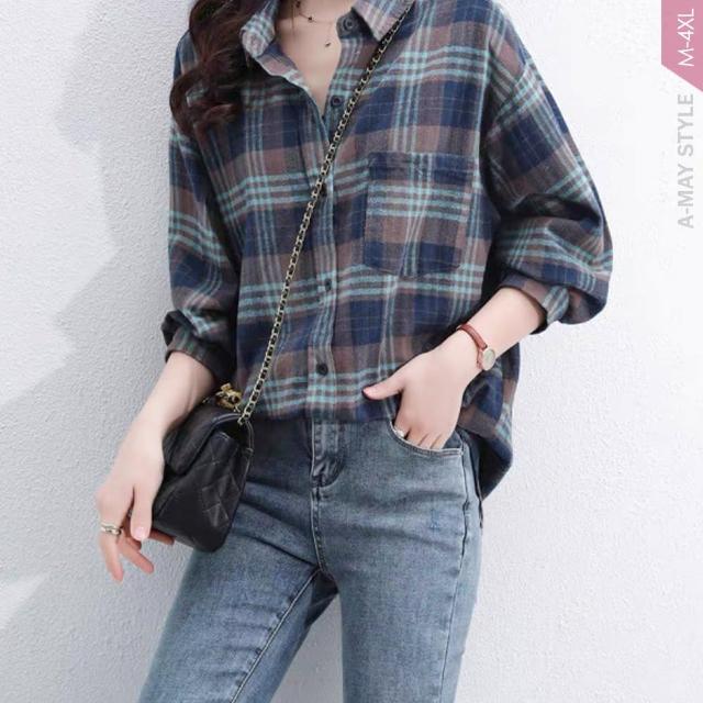 【Amay Style 艾美時尚】中大尺碼女裝 上衣 休閒格紋拼色寬鬆長袖襯衫。M-4XL(格紋.預購)