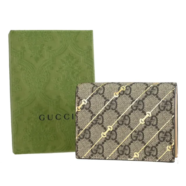 【GUCCI 古馳】GG Supreme 經典雙G LOGO馬銜扣印花扣式零錢短夾(駝)