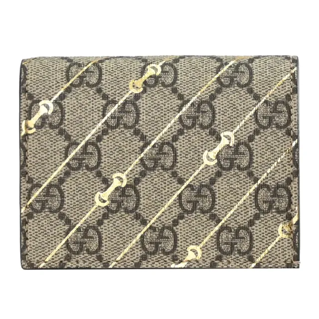 【GUCCI 古馳】GG Supreme 經典雙G LOGO馬銜扣印花扣式零錢短夾(駝)