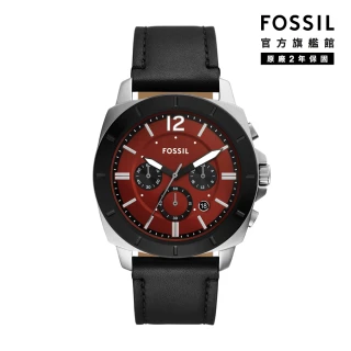 【FOSSIL 官方旗艦館】Privateer 城市型男闇紅三眼指針手錶 黑色真皮錶帶 45MM BQ2897