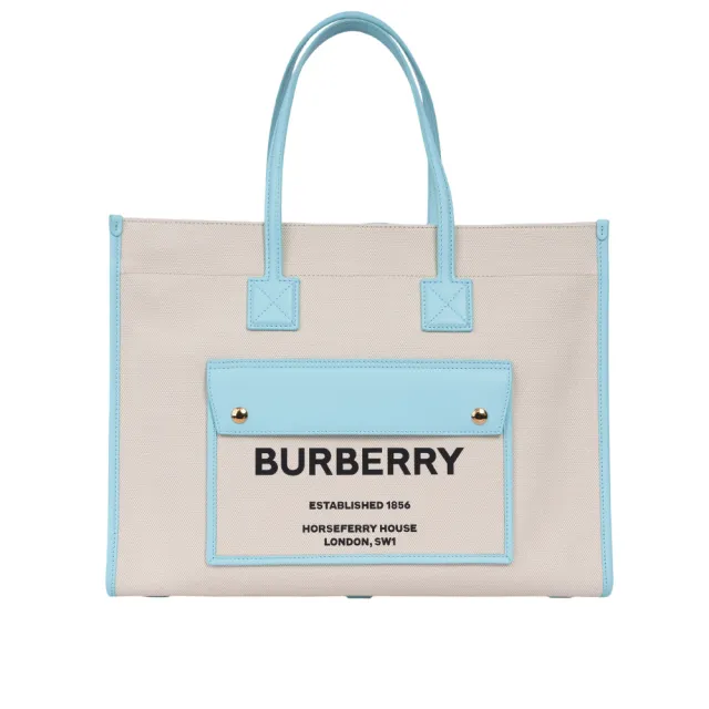 【BURBERRY 巴寶莉】Freya 棉質帆布中款托特包(自然色/天藍色)