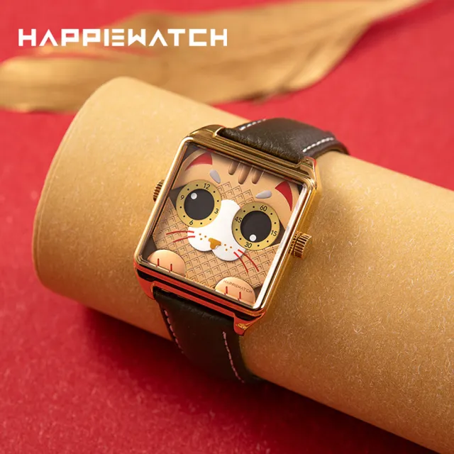 【HappieWatch】設計師品牌 立體金吉貓 方形金框 皮帶/矽膠手錶套組 小怪獸腕錶 36mm(CG36SPJJM)