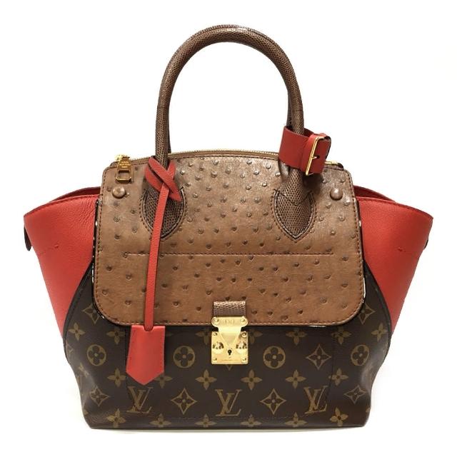 LV LOUIS VUITTON 路易威登 N91662 鴕鳥皮拼接手提包，融合經典帆布與高階皮革材質，展現品牌獨特的動物紋與數字英文字母圖案設計。此款包款適合女性、男性及中性風格，以紅色與棕色/咖啡色為主色調，是歐系精品包款中的時尚選擇。