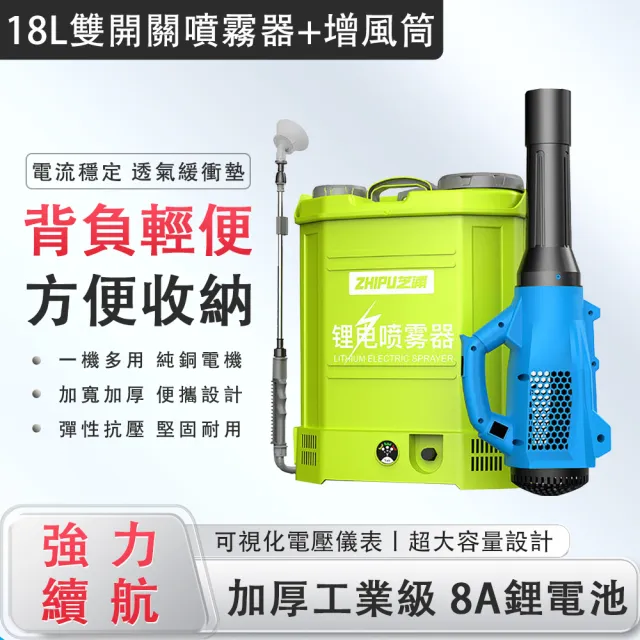 芝浦 18L電動噴霧器+增壓風筒 高壓鋰電打藥機(純銅電機 強力續航 可視化水位 農藥噴壺)