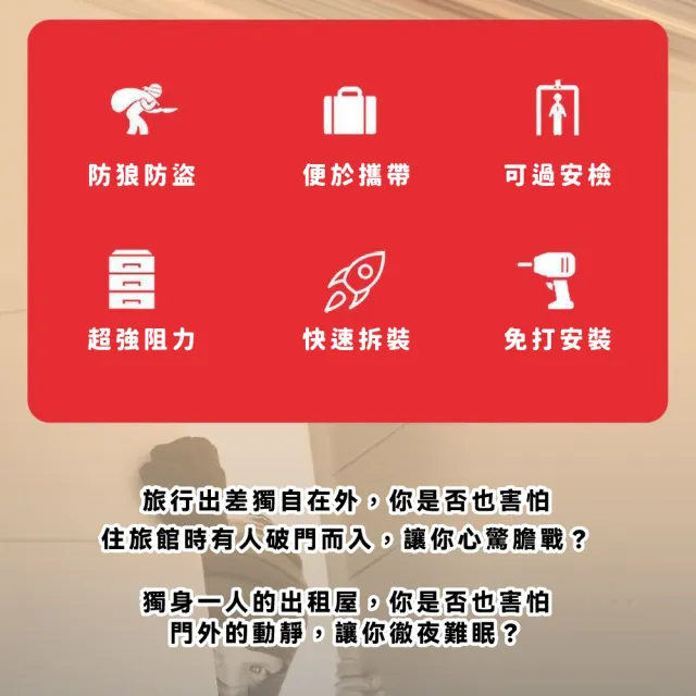 【安全家】家用快速拆裝防盜報警阻門器(高分貝 免打孔 安檢 防狼 防撞頂門器 堵門 門擋 租屋 飯店 出國)