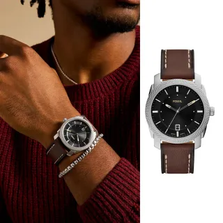 【FOSSIL 官方旗艦館】Machine 簡約經典手錶手鏈套組 棕色真皮錶帶 42MM FS6081SET 雙12限定