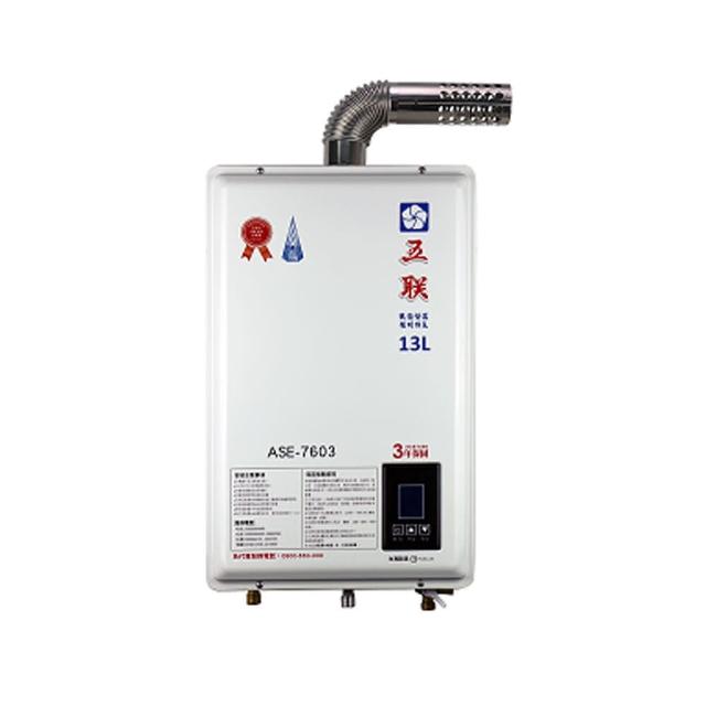 五聯 ASE-L301 瓦斯熱水器，FE強制排氣式設計，配備數位恆溫控制與電子式自動點火，提供穩定13L/min熱水輸出。熱效率高達83%，能源效率第二級，適閤家庭使用。尺寸530x350x143mm，重量僅11kg，電壓110V，保固1年，BSMI許可R00000，臺灣原廠製造，安全可靠的熱水解決方案。