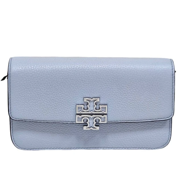 TORY BURCH TB Britten 新款 簍空銀色LOGO荔枝紋皮革鏈條單肩斜挎手拿包(天空藍/贈原廠防塵袋紙袋)