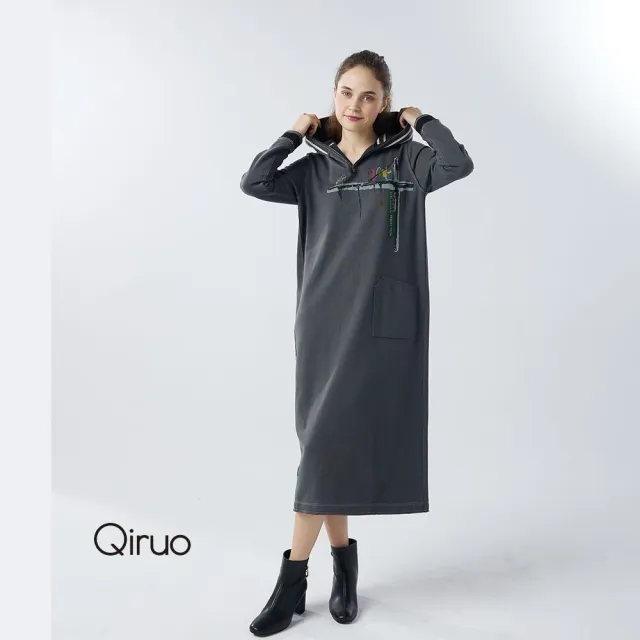 【Qiruo 奇若名品】厚磅棉 連帽長袖長版深灰色連帽洋裝6202F 
