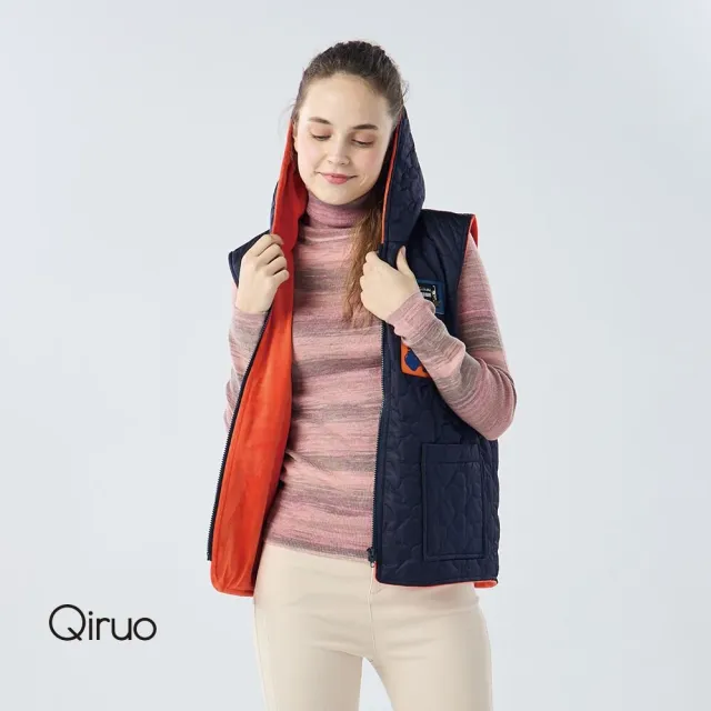 【Qiruo 奇若名品】保暖厚棉  連帽長背心 藍橘色背心6201D 