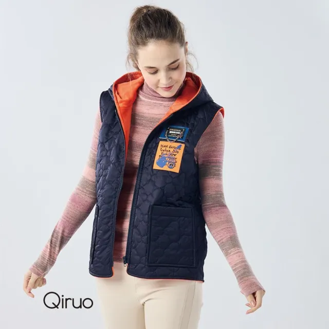 【Qiruo 奇若名品】保暖厚棉  連帽長背心 藍橘色背心6201D 