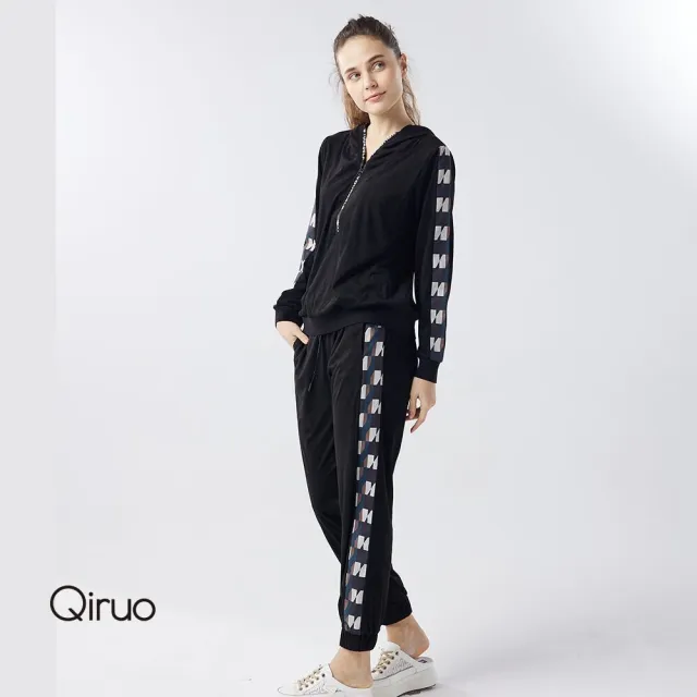 【Qiruo 奇若名品】輕薄短絨 黑長袖休閒套裝6001G休閒上衣+長褲 休閒褲裝 