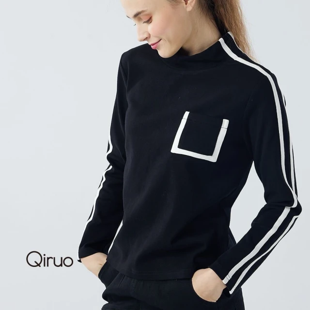 Qiruo 奇若名品 秋冬專櫃黑色立領上衣0228A線條滾邊(M-2XL)