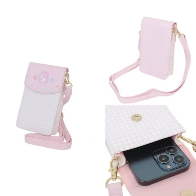 【小禮堂】Sanrio 三麗鷗 復古千鳥格 皮質斜背手機包 - Y2K Kitty 美樂蒂 酷洛米 大耳狗(平