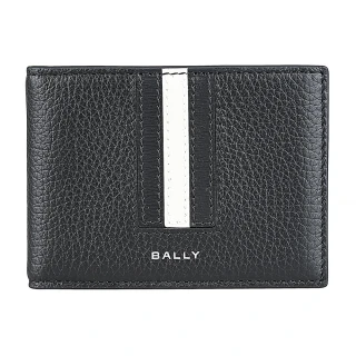 【BALLY】BALLY Ribbon燙銀LOGO小牛皮黑白黑條紋3卡對折卡夾(男款/黑)