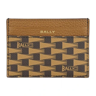 【BALLY】BALLY Pennant燙金LOGO帆布小牛皮三角旗圖案4卡開口式卡夾(男款/褐x多色)