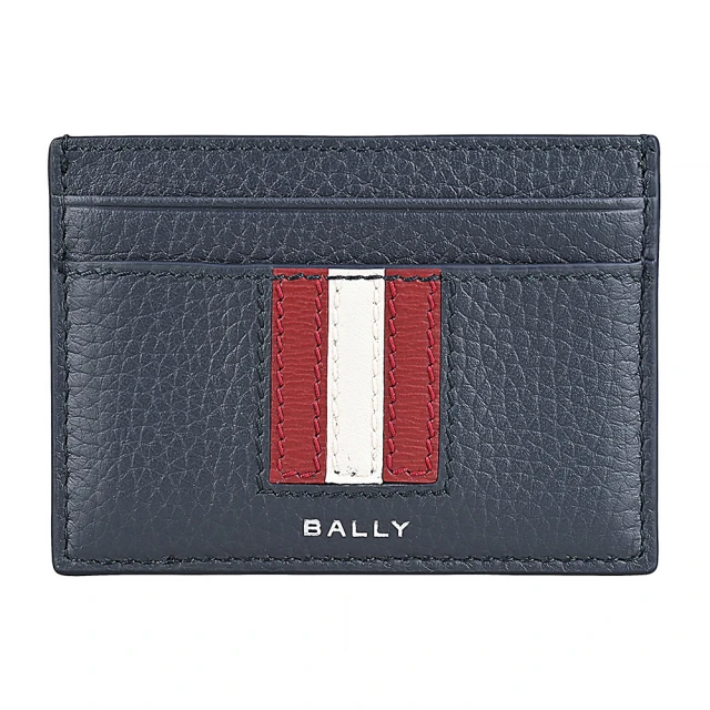 【BALLY】BALLY Ribbon燙銀LOGO小牛皮紅白紅條紋設計4卡開口式卡夾(男款/午夜藍)