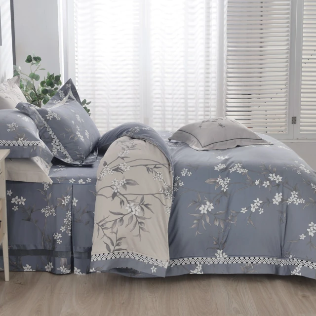 織眠家族 60支精梳棉鏤空四件式兩用被床包組 藍語柔情(加大