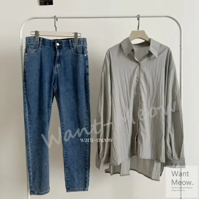 【Want-Meow】95公斤可穿/復古色修身素面窄管牛仔褲/小腿褲男友褲(大碼/大尺碼/加大碼)