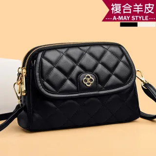 【Amay Style 艾美時尚】真皮女包 斜背包 小方包 時尚小香風菱格紋羊皮側背貝殼包(2色.預購)