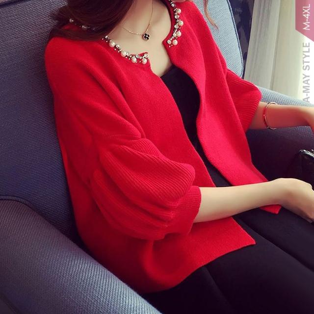 【Amay Style 艾美時尚】中大尺碼女裝 套裝 兩件式優雅珍珠針織外套長洋裝套裝。M-4XL(2色.預購)
