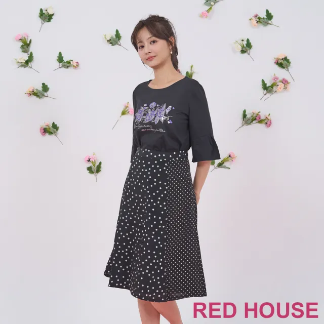 【RED HOUSE 蕾赫斯】大小圓點拼接及膝裙(黑色)