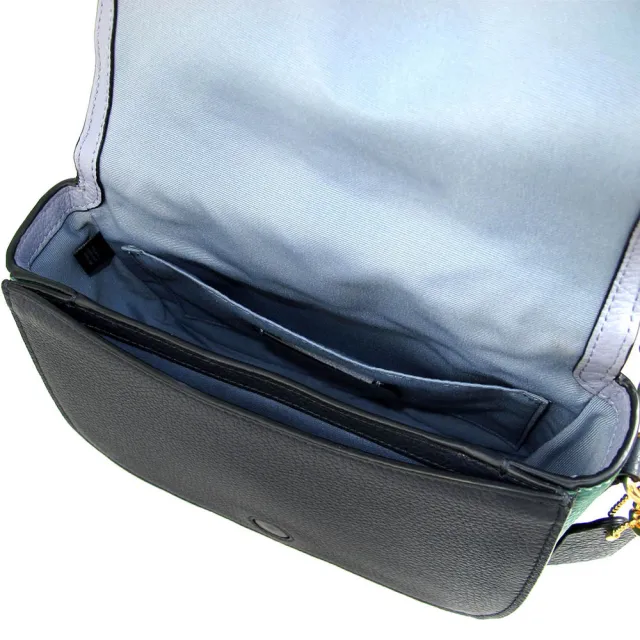 【COACH】壓印大馬車LOGO撞色皮革翻蓋斜背包(綠/藍色)