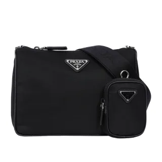 【PRADA 普拉達】三角牌Logo三合一附小袋再生尼龍郵差包(黑色)