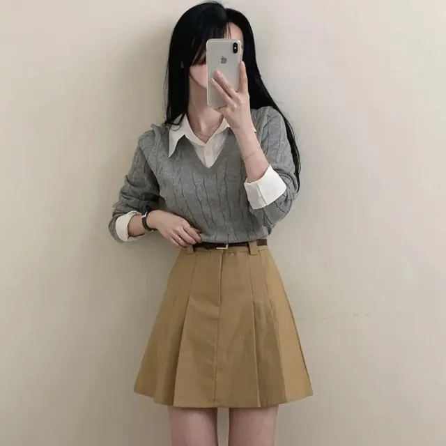 【D.studio】韓版學院風假兩件針織上衣(毛衣長袖上衣女裝衣服長袖t恤保暖上衣冬裝發熱衣襯衫  W467)