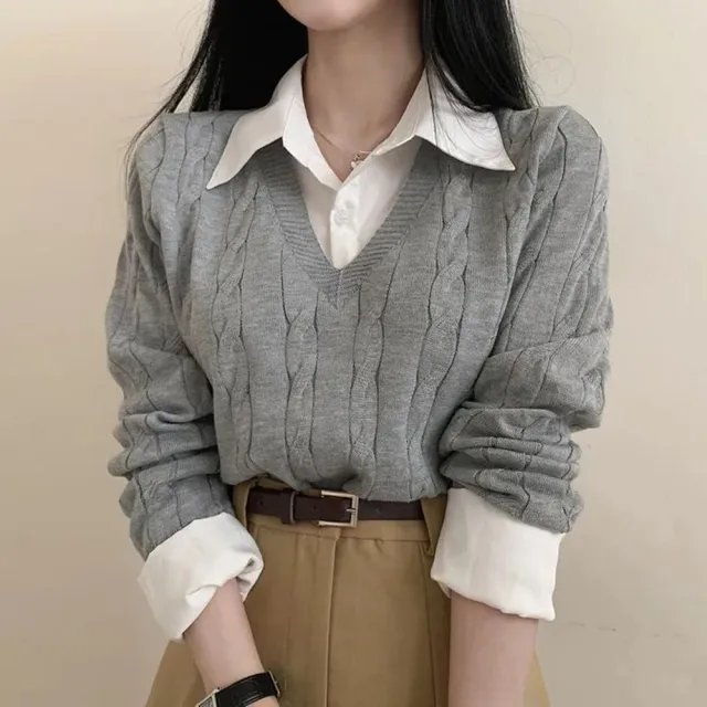 【D.studio】韓版學院風假兩件針織上衣(毛衣長袖上衣女裝衣服長袖t恤保暖上衣冬裝發熱衣襯衫 W467)