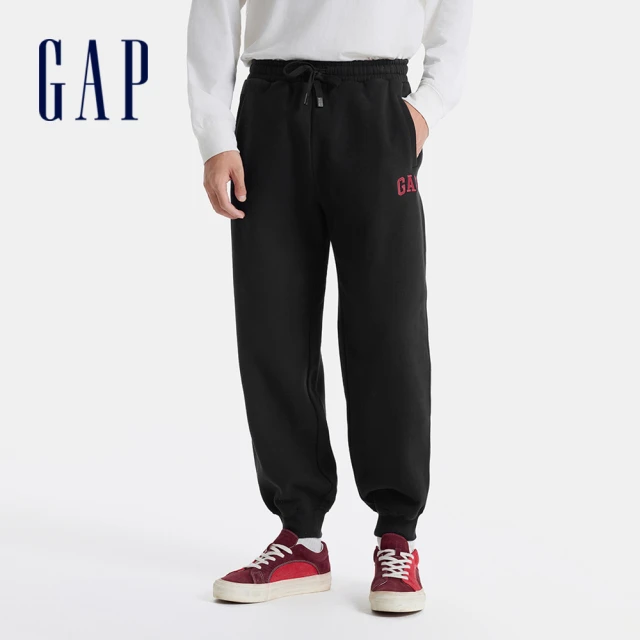 GAP 男裝 Logo刺繡刷毛束口鬆緊運動褲 碳素軟磨系列-黑色(677015)