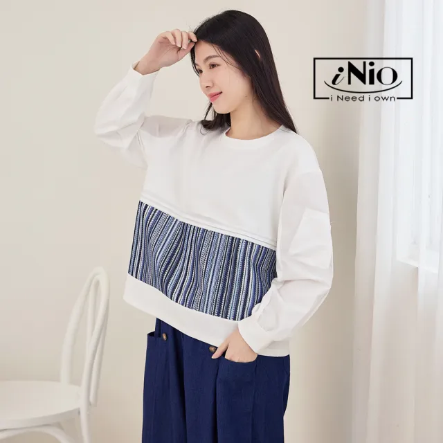 【iNio 衣著美學】長袖上衣 秋冬新品 現貨 條紋拼接 圓領 長袖棉T(CDW1745)
